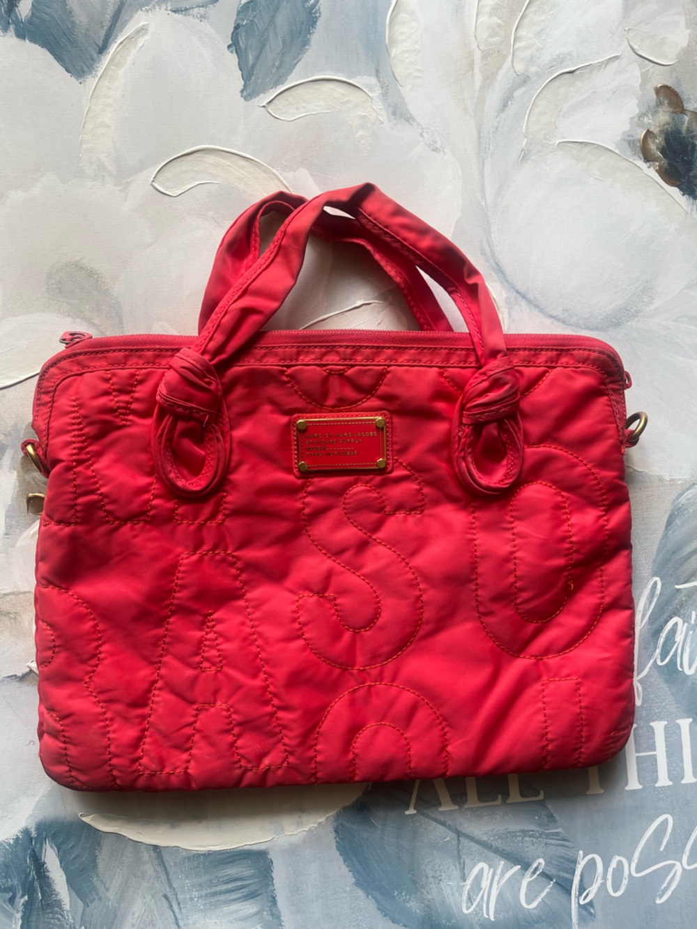 Marc Jacobs Quilted Red Nylon Tote with Logo Plaque